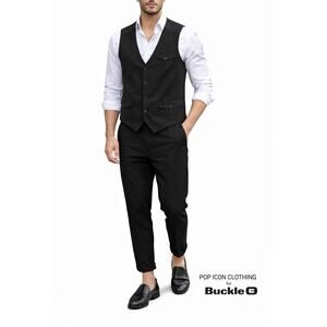 Pop Icon Clothing Black Pinstripe Vest Mens Plaid Lined V-Neck Button Front xl